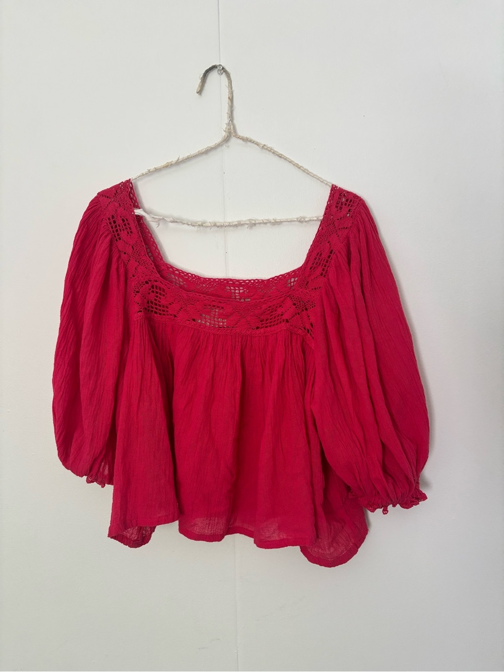 Jen's Pirate Booty Crocheted Square-Neck Peasant Blouse - Bright Pink